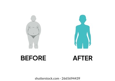 Figura gris con sobrepeso en comparación con una figura delgada de color turquesa que ilustra un antes y un después de la transformación sobre un fondo blanco, ideal para la salud, el fitness y el marketing de estilo de vida.
