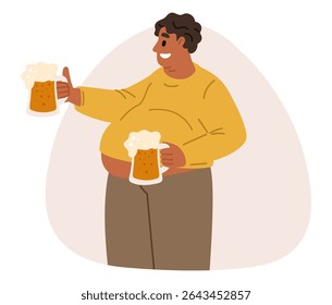 Overweight guy with two beer mugs. Health problems. Overweight man drinking lager. Octoberfest party. People suffer from obesity. Fat abdomen body. Unhealthy habit. Alcohol beverage. Vector concept