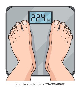 Overweight human feet on scales vector illustration. Medical science educational illustration