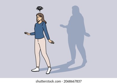 Overweight   human figure concept  Young slim fit woman standing thinking she is overweight and fat shadow at background vector illustration 