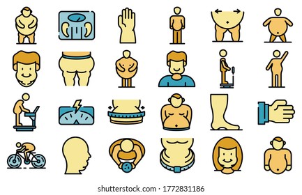 Overweight icons set. Outline set of overweight vector icons thin line color flat on white