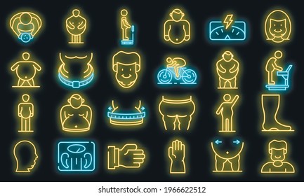 Juego de iconos con sobrepeso. Conjunto de esquemas de iconos vectoriales de sobrepeso color de neón sobre blanco