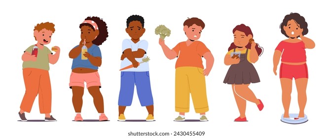 Overweight Kid Characters with Excess Body Weight Due To Unhealthy Eating Habits And Lack Of Physical Activity. Fat Children Need Balanced Diet And Regular Exercise. Cartoon People Vector Illustration