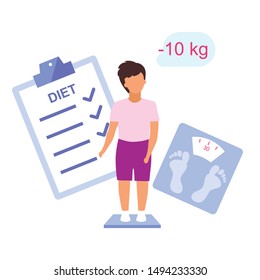 Overweight kid losing weight flat vector illustration. Teenager controlling body mass on scales isolated cartoon character on white background. Young boy following diet plan, healthy lifestyle