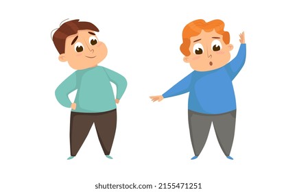 Overweight kids doing sports set. Cute chubby boys. Children obesity concept cartoon vector illustration