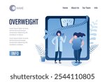 Overweight landing page template. Female doctor and fat woman on scales, measuring tape. Obesity health problem concept. Unhappy thick lady character. Trendy style vector illustration