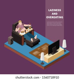 Overweight lazy man suffering from gluttony eating and drinking in front of tv 3d isometric vector illustration