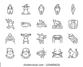 Overweight line icon set. Included the icons as fat, cholesterol, lose weight, exercise, scales and more.