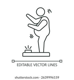 Overweight linear icon. Person standing on a scale, measuring weight. Suitable for health and fitness.