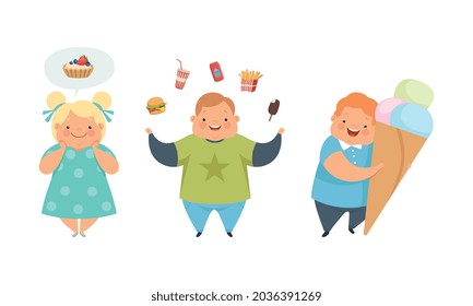 Overweight Little Children with Extra Body Fat Overeating Unhealthy Food Vector Set