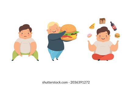 Overweight Little Children with Extra Body Fat Overeating Unhealthy Food Vector Set