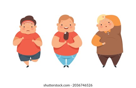 Overweight Little Children with Extra Body Fat Overeating Unhealthy Food Vector Set