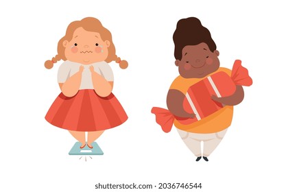 Overweight Little Children with Extra Body Fat Overeating Unhealthy Food Vector Set