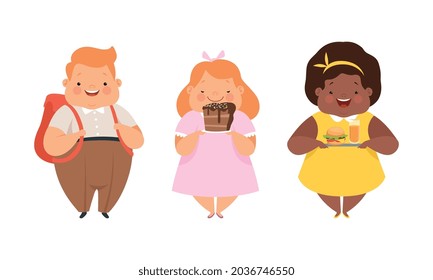 Overweight Little Children with Extra Body Fat Overeating Unhealthy Food Vector Set