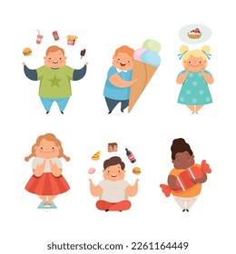 Overweight Little Children with Extra Body Fat Overeating Unhealthy Food Vector Set