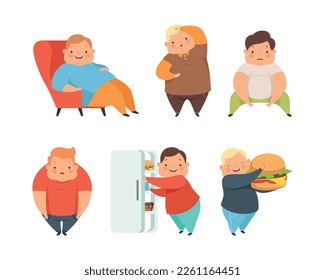 Overweight Little Children with Extra Body Fat Overeating Unhealthy Food Vector Set