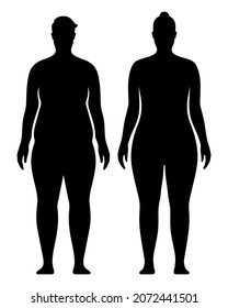 Overweight Male And Female Body, Black Silhouette Vector Illustration, Isolated On White Background.