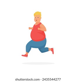 Overweight man with big belly running, tired male runner training vector illustration