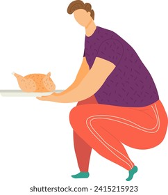 Overweight man in casual clothing holding a platter with roasted chicken. Plus-size healthy eating concept. Weight management vector illustration.