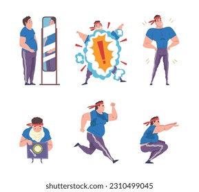 Overweight Man Character Training Getting Fit Vector Set