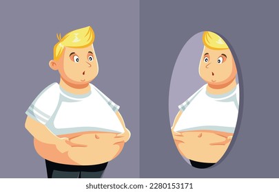 
Hombre con sobrepeso revisando su grasa abdominal en la ilustración del vector espejo. Persona obesa que se siente auto-consciente de su cuerpo 
