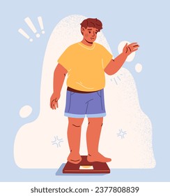 Overweight man concept. Young fatty guy at scales. Problem with food. Obesity and figure loss. Shocked and sad person. Worried oversized boy. Poster or banner. Cartoon flat vector illustration