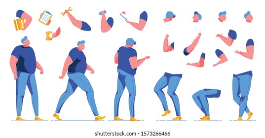 Overweight Man Creation Kit Flat Cartoon Vector Illustration. Body Parts for Animation such as Head, Arms and Legs. Different Positions and Gestures. Hands Holding Box, Wrench, Mobile Phone.