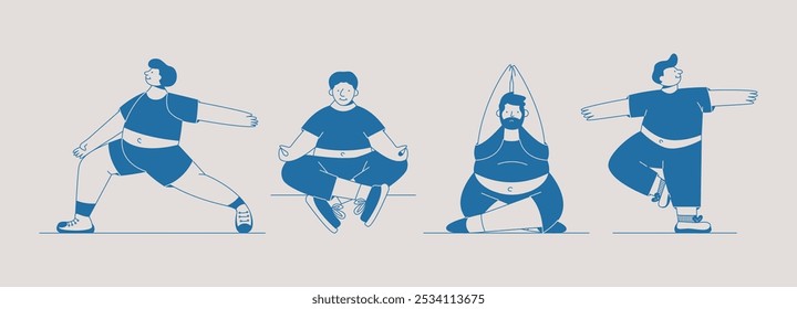 Overweight man in different yoga poses. Cartoon abstract plump male characters practicing yoga and meditation, body positive concept. Vector plus size people set