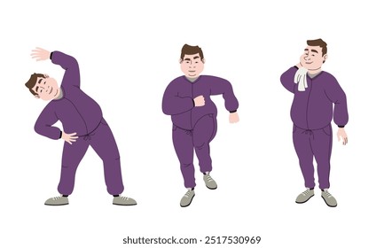 Hombre con sobrepeso haciendo deportes. Personaje masculino en diferentes poses.