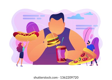 Hombre con sobrepeso comiendo hamburguesa, gente diminuta dando comida rápida. La adicción excesiva, el trastorno compulsivo, el concepto de tratamiento compulsivo excesivo. Ilustración aislada de vector violeta brillante brillante