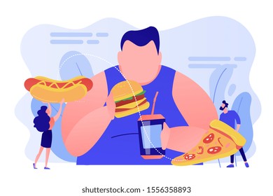 Overweight man eating burger, tiny people giving fast food. Overeating addiction, binge eating disorder, compulsive overeating treatment concept. Pinkish coral bluevector isolated illustration