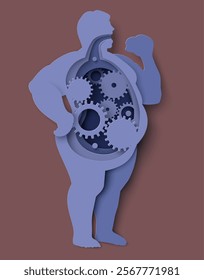 Overweight man eating and digestive process work papercut vector illustration