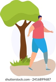 Overweight man exercising beside a tree, wearing casual sportswear. Individual committing to fitness and outdoor workout vector illustration.