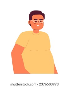 El hombre con sobrepeso mira los ojos alegres personajes de dibujos animados en 2D. Adulto caucásico más tamaño masculino sonriente aislado de la persona vector de fondo blanco. Buen humor. Ilustración de manchas de color de piel de tipo positivo corporal