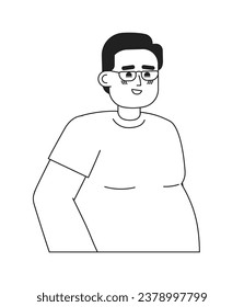 El hombre con sobrepeso mira al personaje de dibujos animados en 2D en blanco y negro. Hombre caucásico más grande sonriente aislado del contorno vectorial persona. Ilustración de manchas monocromáticas de tipo positivo corporal