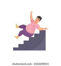 Overweight man falling down from stairs, plus size male character slipping on step vector illustration