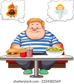 Overweight man fighting between eating healthy or unhealthy food illustration