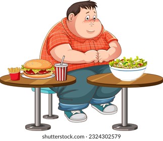 Overweight man fighting between eating healthy or unhealthy food illustration