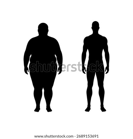 Overweight man and fit man silhouette vector flat illustration design.