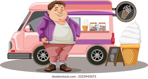Overweight man in front of ice cream food truck illustration