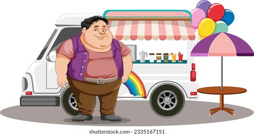 Hombre con sobrepeso frente a ilustración de camión de comida para helados