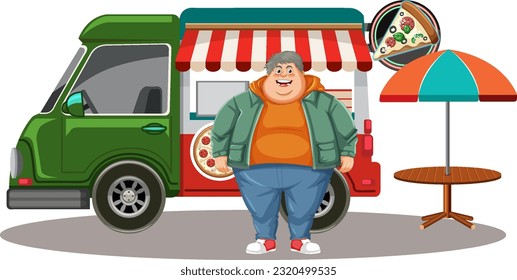 Overweight man in front of pizza truck illustration