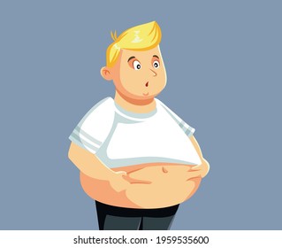 Overweight Man Grabbing Abdominal Fat Vector Illustration. Guy Wanting To Diet And Lose Weight Because Of Clothes Not Fitting Anymore And Health Risks Associated With Obesity
