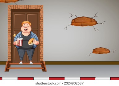 Overweight man holding fast food in front of house doorstep illustration