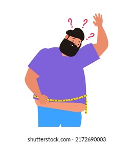 overweight man measure waist belly with tape vector illustration