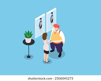 Overweight man with metabolic syndrome at doctors appointment  3d isometric vector illustration