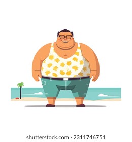Hombre con sobrepeso en el vector de la playa