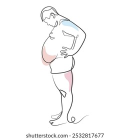 Sobrepeso hombre dibujo de una línea. Ilustración de una sola línea de hombre de gran tamaño. Arte de línea minimalista del hombre obeso