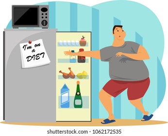 overweight man opens the refrigerator