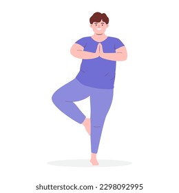 Hombre con sobrepeso practicando yoga, personaje de caricatura